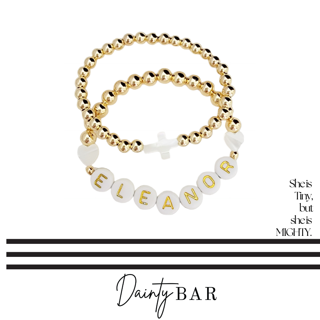 Pearl Heart Name + Cross Stack Gold Beaded Kids Bracelets