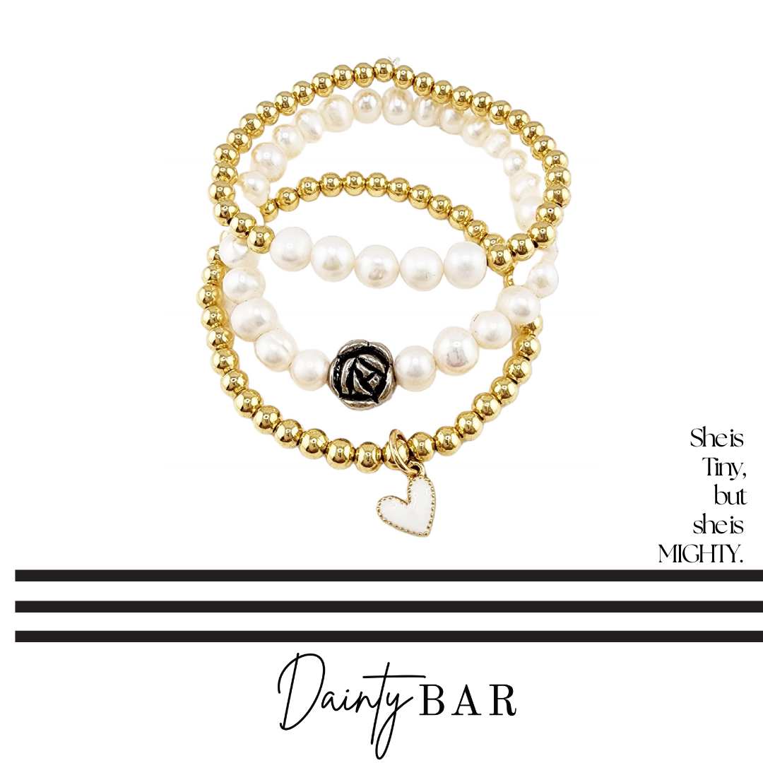 Rose + Heart Stack Gold Beaded Kids Bracelets