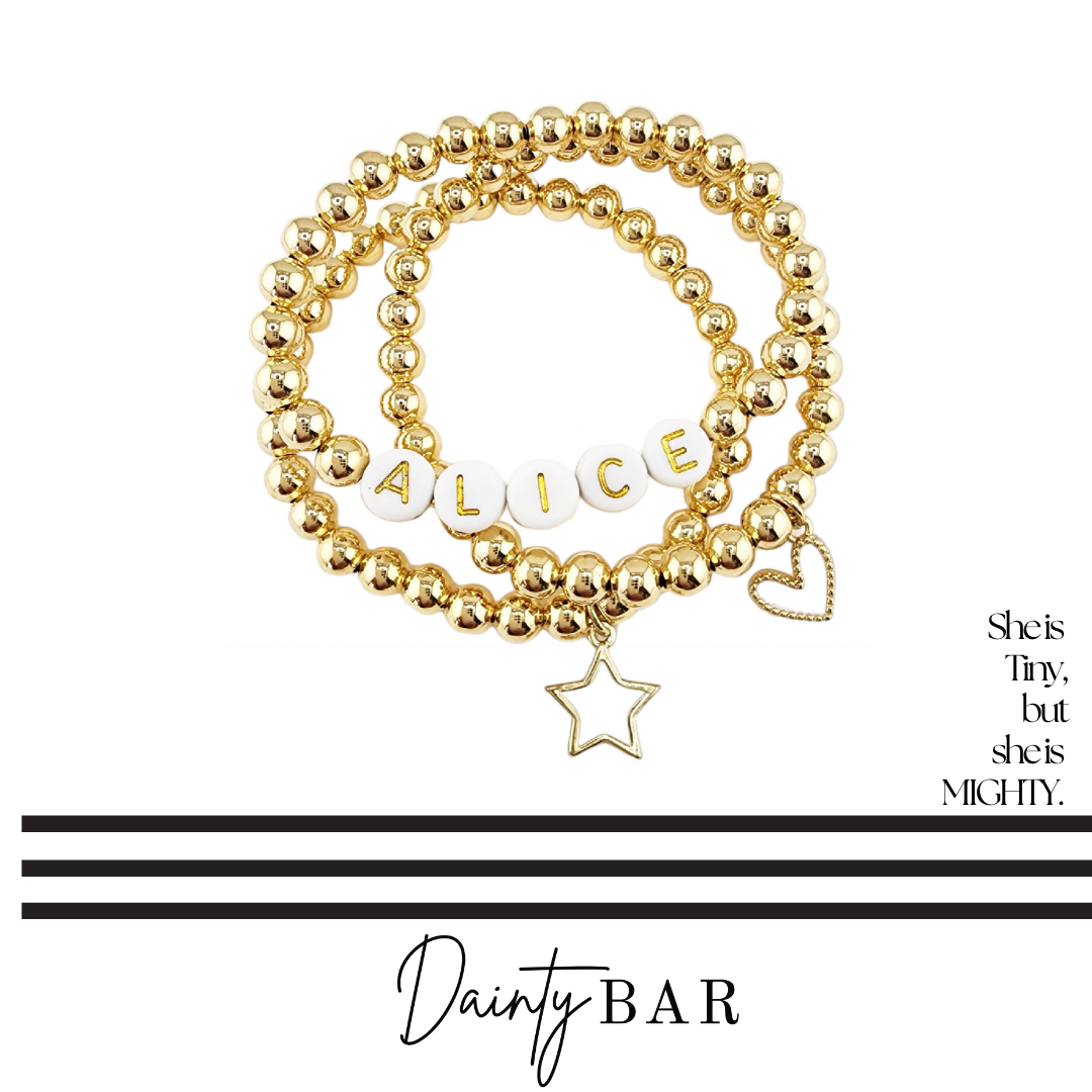 White Name Stack Gold Beaded Kids Bracelets