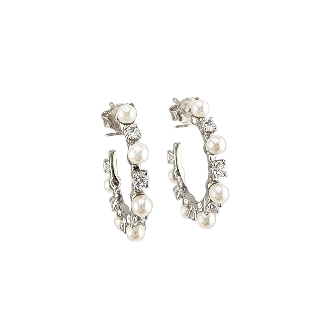 Open Silver Pearl Hoop Earrings