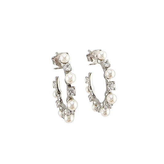 Open Silver Pearl Hoop Earrings