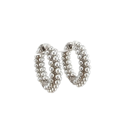 Chunky Mini Pearl Hoop Earrings Silver